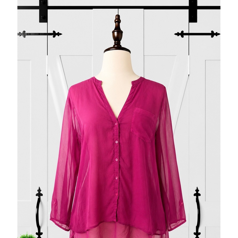 Avenue Button Down Blouse Women 22/24 Magenta Pink Sheer Roll Tab Sleeve